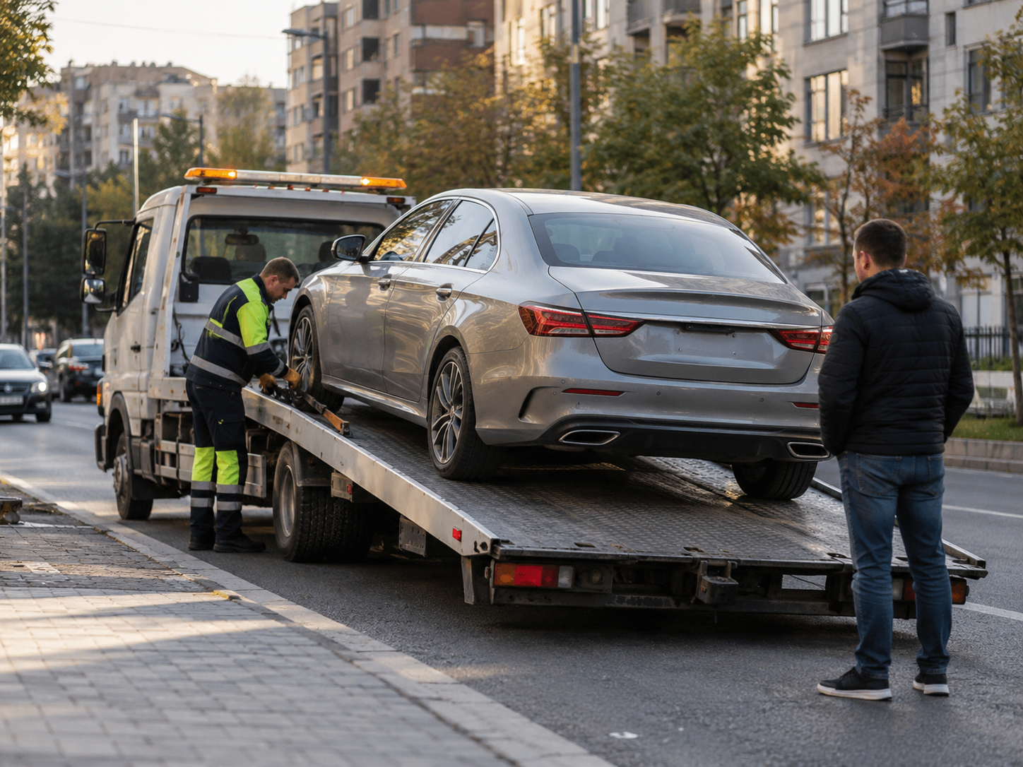 Эвакуатор загружает автомобиль